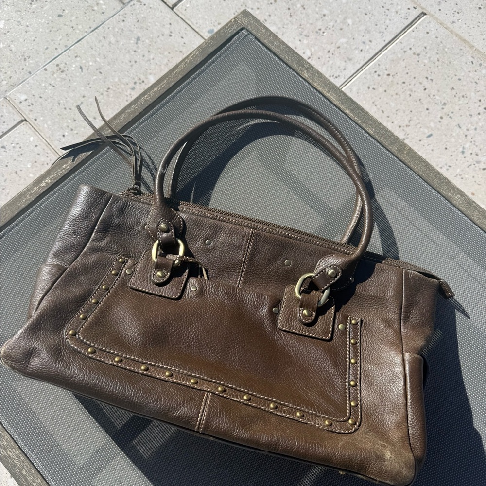 Vintage HOBO Brown Leather Shoulder Bag with Gold Accents
